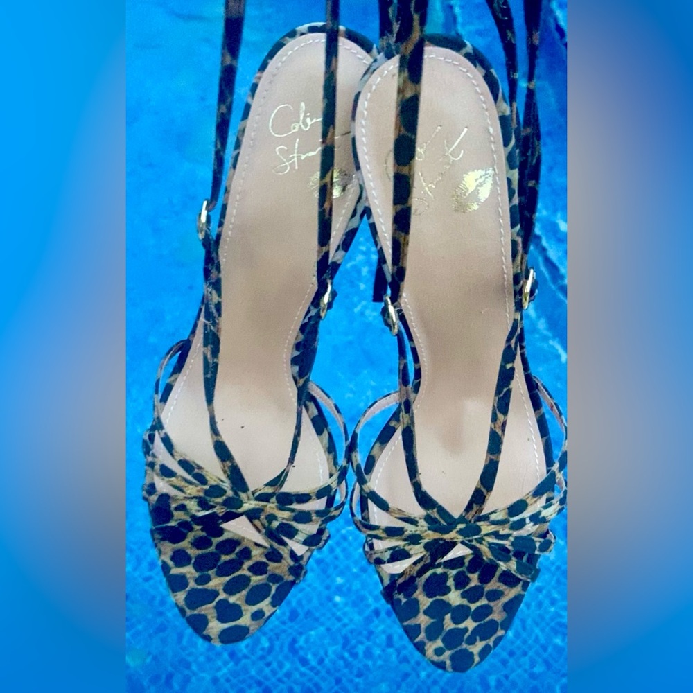 COLIN STUART  LEOPARD STRAPPY ANKLE TIE PLATFORM HEELS  ANIMAL PRINT STILETTO  9